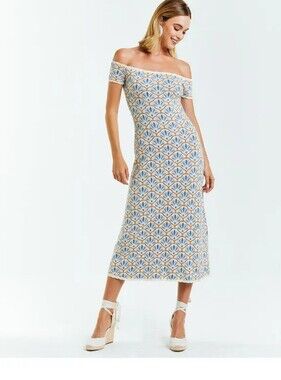 Mestiza Off Shoulder Knit Midi Dress Blue Gold Fan Print XS